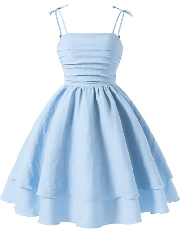 Happy Cherry Summer Dresses for Teens Girls 10 Years Spaghetti Strap Midi Casual Sleeveless Sundress Swing Smocked A Line Beach Boho Dress Blue