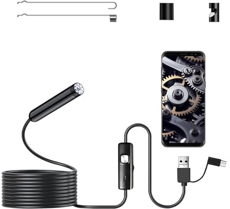 Endoscopio per Smartphone,HD Endoscopio Per Ispezione Serpente, Telecamera Endoscopica con 6 LED, IP67 Sonda Impermeabile,Telecamera Ispezione Tubi con Cavo Semirigido da 5 m,Per Android,Smartphone