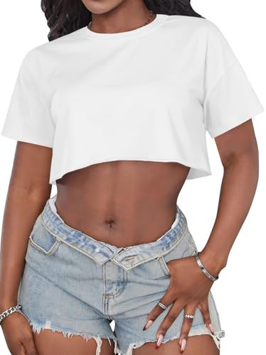 Crop Tops for Women Casual Short Sleeve T Shirts Summer Basic Top Crew Neck Oversized Cropped Tees(White, S)