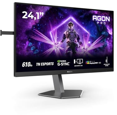 AOC AG246FK6 Gaming Monitor 25 Pulgadas, 610Hz, Panel TN Esports, 0.5HDR400, Adaptive Sync, G-Sync Compatible, Altura Ajustable, (1920x1080 HDMI 2X 2.1 DP 1x 1.4 USB Hub) Negro