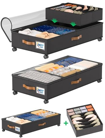 ZHITTHOME Under Bed Storage with Wheels, 2-Pack 58L Under the Bed Storage Containers with Lids, 1-Pack 15L Box, Organizer Bins Rolling Underbed Storage for Clothes, Underwear, Socks, Shoes - Delicate
