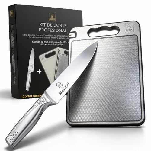 HOMSENT Set Cocina Premium con Cuchillo Chef 8” + Tabla Acero Inoxidable 304 | Superficie Higiénica Antideslizante,App de Recetas IA. Afilador Integrado | Regalo Ideal