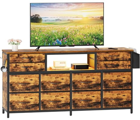 Dripex TV Schrank Lowboard für Fernseher bis zu 65 Zoll mit 12 Schubladen, Aufbewahrungstasche und offenen Regalen mit RGB LED Beleuchtung Industrial Style, 140 x 35 x 70CM