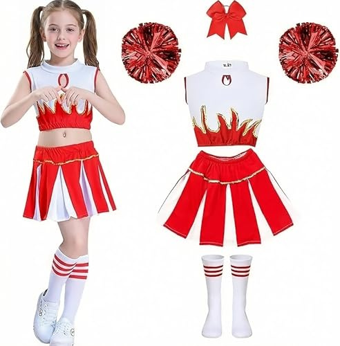 Gekyve Cheerleader Costume for Girls, Cheerleading Outfit Kids Uniform with Pom Poms Socks Hair Band, Sleeveless Cheer Outfit for School Sports Carnival Masquerade