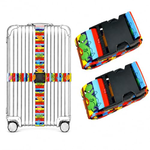 Luggage Straps for Suitcases 2 Pack, Adjustable Suitcase Belt 106–196 cm, Bright Pattern Travel Luggage Strap for Easy Identification, Heavy Duty Polyester with Quick Release Buckle (Dino Junior)
