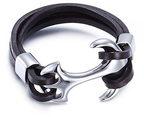 Qiaonitu Grand bracelet en cuir marron véritable avec ancre marine en acier inoxydable doré pour homme, Cuir, NA.