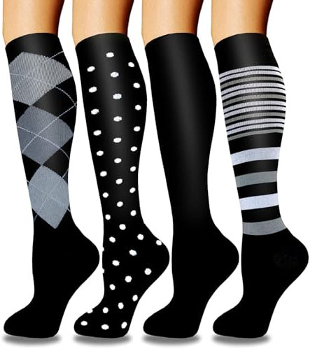 ACTINPUT 4 Paar Kompressionsstrümpfe für Damen Herren, Bunte Stützstrümpfe Kompressionssocken für Sport, Flug, Laufen, Reisen, Radsport, krankenschwester（4103 - Schwarz，L-XL）
