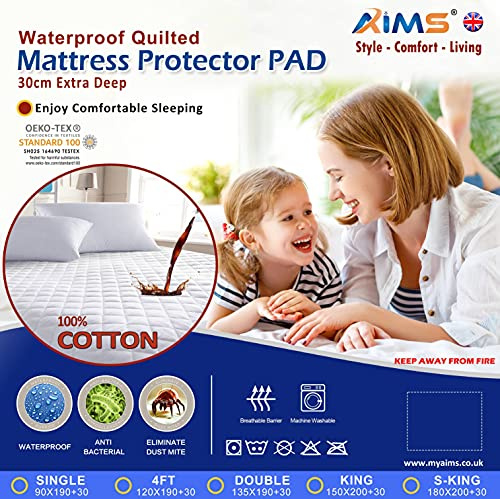 Protector de colchón acolchado impermeable 100% algodón [S-King] funda ajustable TC200 acolchada sábana bajera, antialérgico, transpirable, lavable a máquina, faldas elásticas extraprofundas (SK 185 x