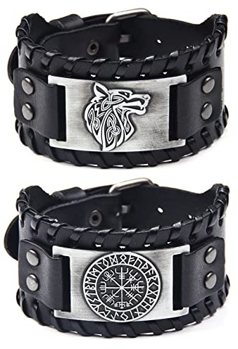 Sehaby Nordiskt armband i 2 delar, handgjort flätat läderarmband, bred varghuvud manschett armband, runkompass smycken armband, vintage armband för dam herr, One Size, Metall Läder