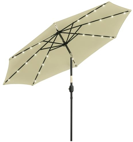 Outsunny Sombrilla Terraza Exterior, Ø265 cm, Sombrilla de Jardín con 32 Luces LED Solares, Poste de Acero y Manivela de Parasol Inclinable, para Patio, Terraza, Beige