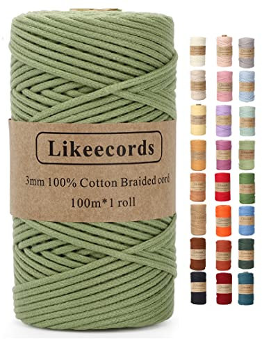 Likeecords Makramee Garn Geflochten 3mm x 100m,100% Natürliches Baumwollschnur Makramee-Schnur, Makramee-Seil, Bunte Bastelkordel aus Baumwolle für Taschen, Wandbehänge, Pflanzenaufhänger (meergrün)