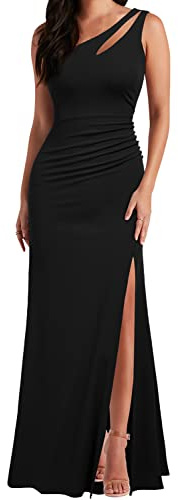 WOOSEA Women's One Shoulder Sleeveless Split Bodycon Mermaid Evening Cocktail Long Dress Black