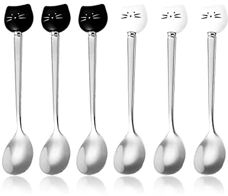 XPEX 6 Pezzi Cucchiaini Gatto Caffe,Cucchiaino da Caffè in Acciaio a Testa di Gatto Inossidabile, Cucchiaini da Caffè Particolari, Cucchiaio Da Dolci Gelato per Mescolare Tè Zucchero (Nero, Bianco)