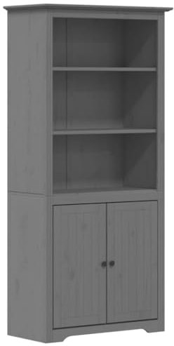 vidaXL BODO Solid Pine Bookcase - French Style Grey Bookshelf with Doors and Metal Handles – Spacious Storage for Living Room, Bedroom, Office