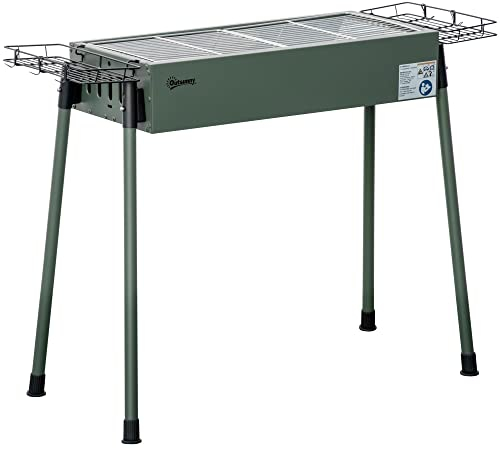 Outsunny Barbecue au charbon de bois avec 2 grilles, Portable BBQ Grill sur Pieds amovibles et 2 paniers latéraux, 94L x 39l x 70H cm, vert foncé