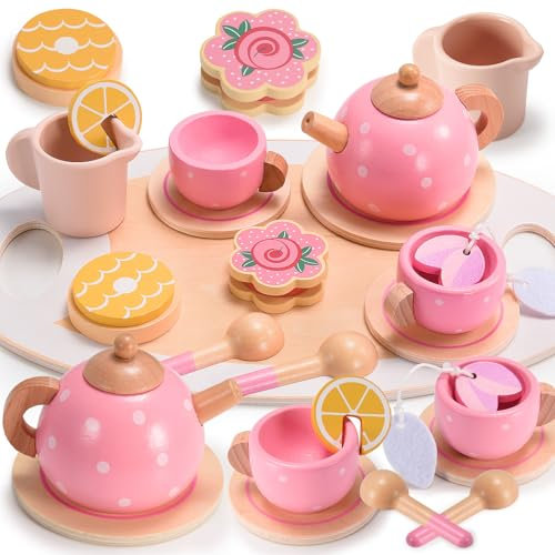 Geebiiny Teeservice für Kinder, Spielzeug 3-7 Jahre, Kinderküche Zubehör Holz, Geschenk für Mädchen, Matschküche Zubehör, Tee Set Holzspielzeug, Teeparty Kinderküche