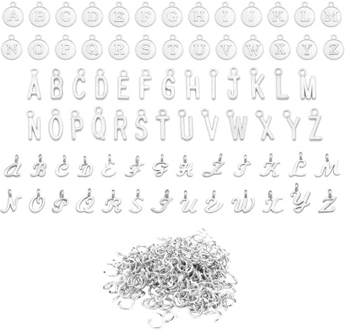 156st/6 Uppsättningar A-Z Bokstavsberlocker för Smyckestillverkning, 3 Mönster Initiala Berlocker Mini ABC Alfabetshängen med 200st Öppna Hoppringar för DIY Armband Halsband Hantverk (Silver)