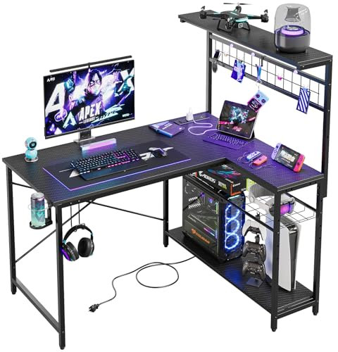 Bestier L-Shaped Gaming Desk with Power Outlets, LED Workstation with 4 Tiers Shelves for Home Office, Gamer Reversible Table with Hooks and Cup (BDCF, 106cm)