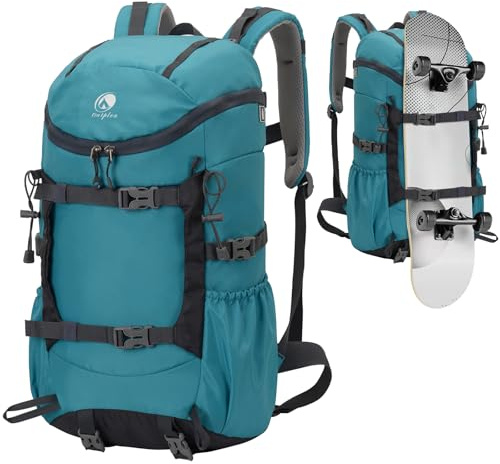 Outplea 30L Skateboard Backpack for Men Women, Waterproof Hiking Backpack with Chest Strap for Camping Hunting, Lightweight Casual Travel Daypack for Skateboard Sport Outdoor, Blue