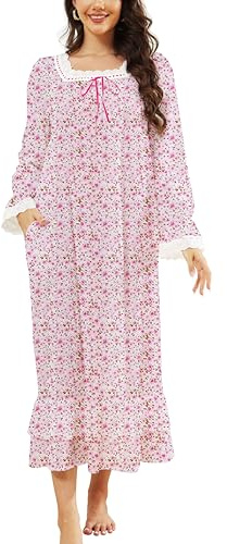 YARISNEY Women's Nightgown Vintage Victorian Nightdress Long Palace Style Pajama Gown Soft House Dress (Pink Floral,XL)