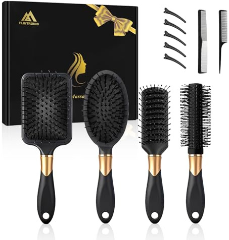 Flintronic 11 Stück Lockenbürste, 4-in-1 Antistatische Stylingbürste Haarbürste für Nasses & Trockenes Haar, ohne Ziepen Kopfhautmassagegerät für Trendige Lockenfrisuren, Rauchschwarz