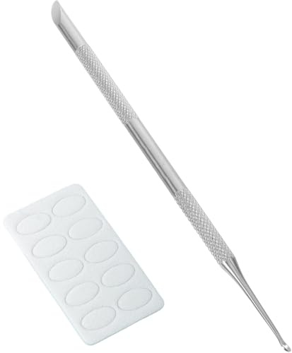 KIMHOME 1 empujador de cutículas, removedor de cutículas de acero inoxidable, herramienta de uñas de doble extremo con bucle y cabeza biselada y 5 hojas de papel de lija para manicura y pedicura