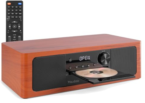 Audizio Lunata – Radio Dab+ y FM con Reproductor de CD, Bluetooth 5.3 y Potencia de 100W, Sistema Multimedia con HDMI ARC, USB y Altavoces estéreo, Acabado en Madera de Cerezo