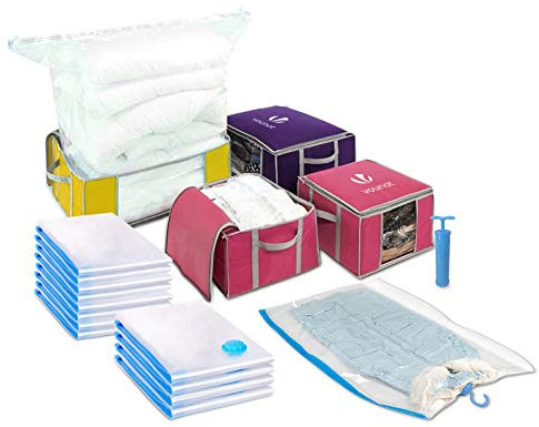 VOUNOT® Lot de 22 Sacs de Rangement sous Vide 17 Sacs sous Vide-4 Housses de Rangement-1 Pompe Grande Capacité Multifonction, Coffre de Rangement Duvet et Couettes Multicolore