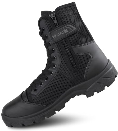 LUDEY Militär Stiefel Herren mit Seitlichem Reißverschluss Leichte Springerstiefel Einsatzstiefel Schwarz Kampfstiefel Tactical Boots Atmungsaktiv Wüstenstiefel Wanderschuhe SN-307 W-Schwarz 45 EU