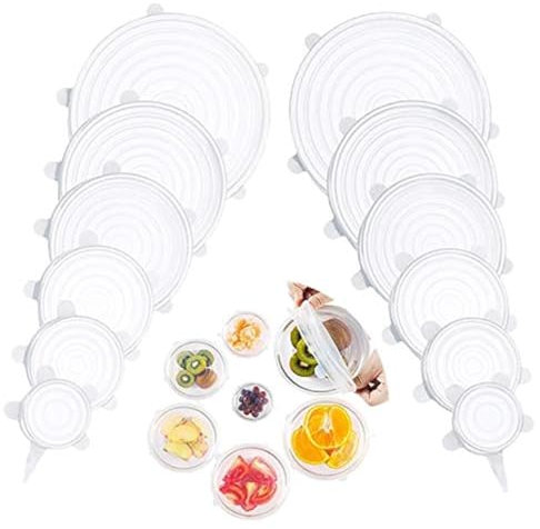 Silicone Stretch Lids, Silicone Food Covers 12 Pack, BPA 6 Different Sizes Silicone lids Fit Various Shape of Containers, Dishes, Bowls,Jars, Safe in Dishwasher/Microwave/Freezer.