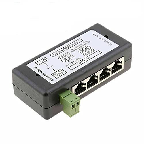 Multibao DC12V-48V 4 LAN POE Ports Injector, Port PoE Power Adapter PoE Ethernet Power Supply Injector for IP Camera, Support PC/Hub/Switch/Router
