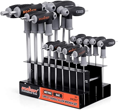 HORUSDY 18-Piece T-Handle allen wrench set, Inch/Metric Long Arm Ball End Hex Key Wrench Set, MM(1.5mm-10mm) SAE(1/16-3/8)