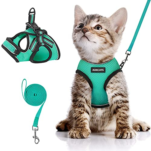AOKCATS Katzengeschirr mit Leine Ausbruchsicher, Katzenleine mit Geschirr für Katzen, Verstellbar Weich Reflektierend Cat Harness Set für große Katze, Kaninchengarnitur für Spaziergang, Grün, S