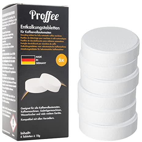 Proffee Entkalkungstabletten | 6 Tabs | Universal-Entkalker für Kaffeevollautomaten, Espresso- und Filterkaffeemaschinen, Wasser- & Teekocher | Made in Germany