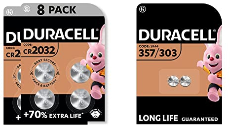 Duracell Specialty 2032 Lithium-Knopfzelle 3V, 8er-Packung, mit kindersicherer Technologie & Specialty 357/303 Silberoxid-Knopfzelle 1,55 V, 2er-Packung (SR44/V357/V303/SR44W/SR44SW)
