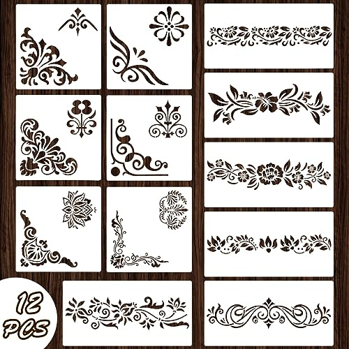 Qpout 12 Plantillas de Borde de Flores para pintar, diseño de tótem tribal de flores, plantillas de borde para pintar en paredes Paper, Fabric