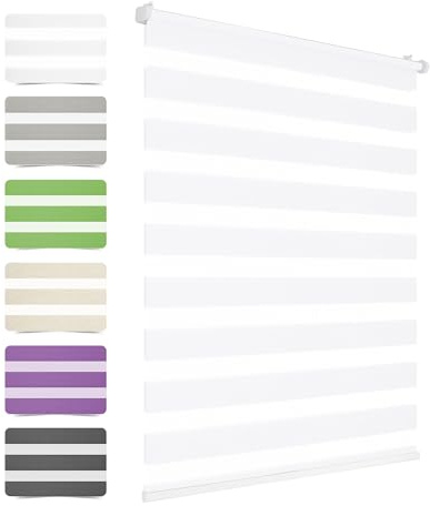 HOMEDEMO Store Enrouleur Jour Nuit sans Chaîne sans Perçage, Rideau, Double Tissu avec Clips Store occultant pour Fenêtre & Porte, 55 x 120 cm, Blanc