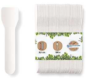 BIOZOYG porcionador para helado ecológico I 100 palitos de helado de papel blanco I cucharas de postre de helado biodegradables I cuchara de papel desechable I cucharas de helado sostenibles