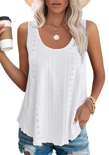 Aokosor Ladies Tops for Women UK Vest Summer Clothes Scoop Neck Sleeveless Eyelet Embroidery Womens Tops Plus Size 18-20 White