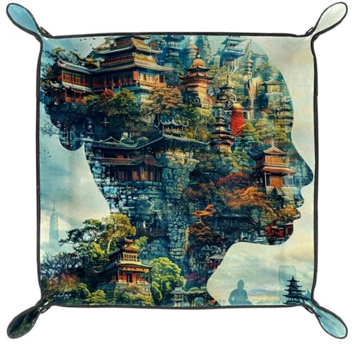 Individual Chinese Architecture Microfiber Leather Dice Trays Folding for RPG DND Table Games, Leather Dice Holder Storage Box Portable Folding Rolling Dice Tray, 16x16cm