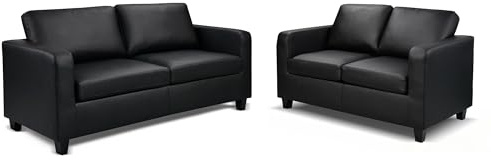 WeDoSofas Matthew 2 + 3 Seater Faux Leather Sofa Set (Black) – Matching Black Faux Leather Sofa Suite for Living Rooms & Home Offices – Wipe-Clean Sofa Set