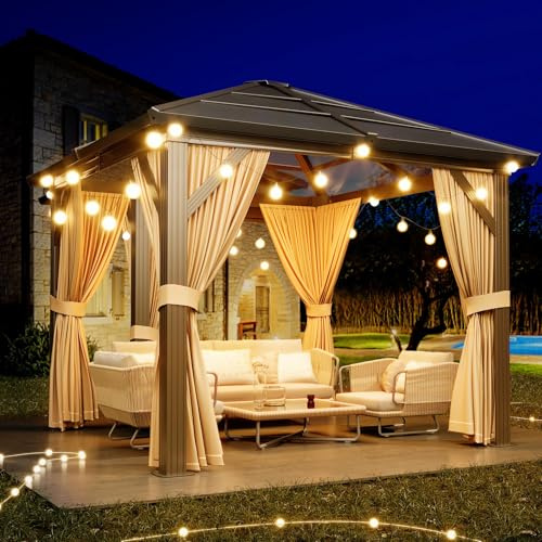 GAOMON 10'x12' Hardtop Gazebo, Outdoor Polycarbonate Single Roof Canopy, Aluminum Frame Permanent Pavilion with Curtains and Netting, Sunshade for Garden, Patio, Lawns (10x12ft)