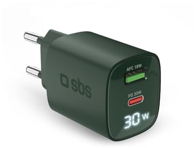 SBS Chargeur multiport 30W avec écran LCD, 1 Port USB-C et 1 USB-A, Prise européenne, Power Delivery, idéal pour Smartphones Android, iPhone, Tablette, MacBook