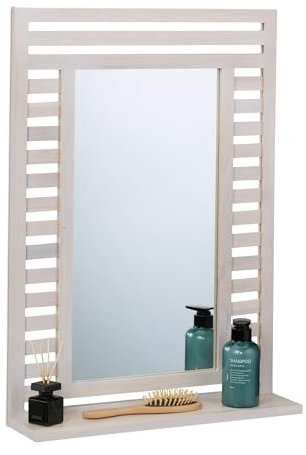 Relaxdays Specchio da Parete da Bagno, Specchiera Rettangolare con Ripiano e Cornice in Legno, HLP: 70x50x12 cm, Bianco, Vetro