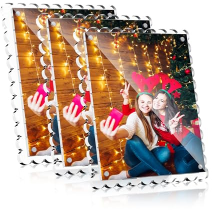 HELPLEX 8x10 Clear Acrylic Picture Frames with Scalloped Edges, 3-Pack Magnetic Frame with Stand for Horizontal or Vertical Display, Tabletop or Desk Photo Holder