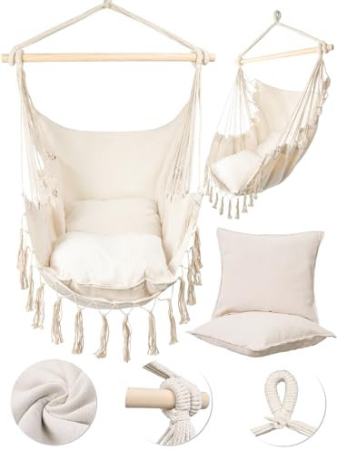 MalTec Hängesessel Gartensessel Brasilianischer Cocoon Stuhl mit Kissen Hängestuhl Indoor & Outdoor BEIGE Sessel zum Aufhängen bis 120kg belastbar