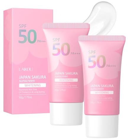 LAIKOU Sakura Sonnencreme, Sonnenschutzcreme lsf 50, 2 Stück 50ml Aufhellende sonnencreme, Wasserfest Sonnencreme für Gesicht und Körper, Schutz vor UVA/UVB Strahlen für Hauttypen aller Art