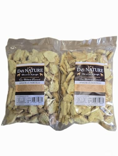 DEI NATURE Galletas para perros, pato y arándanos, 2 paquetes de 500 g, grado humano, aperitivos para perros, premio para perros