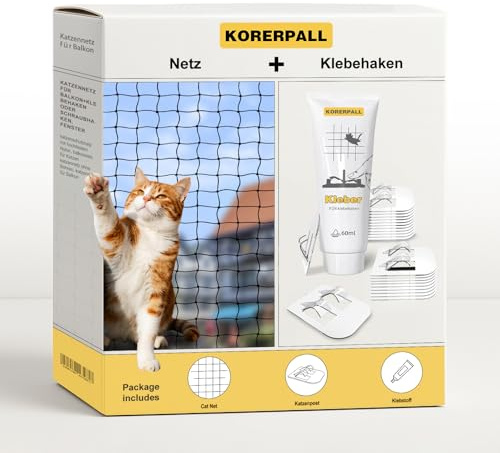 KORERPALL Katzennetz für Balkon+klebehaken oder Schraubhaken, Fenster katzenschutznetz mit hochfestem Nylon, balkonnetz für Katzen katzennetz ohne Bohren, katzennetz für Balkon (6x3m,Netz+Klebehaken)