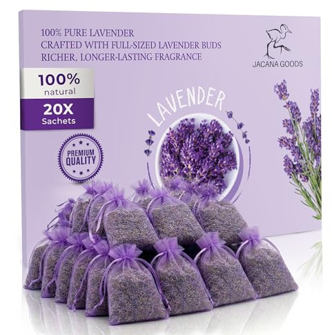 English Lavender Bags – Natural Moth Repellent & Air Freshener – Set of 20 – Air Freshener for Wardrobes, Drawers, Bathrooms, Clothes Storage – 100% Organic Premium Lavender
